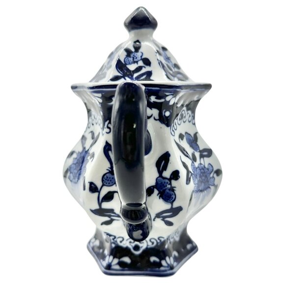 Vintage Inspired Hexagonal Ceramic Teapot With Lid Blue White Floral Design - Picture 6 of 10